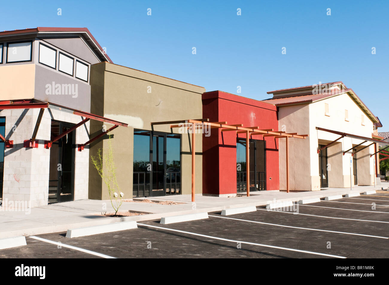 A new retail strip mall is nearing completion in Arizona. Stock Photo