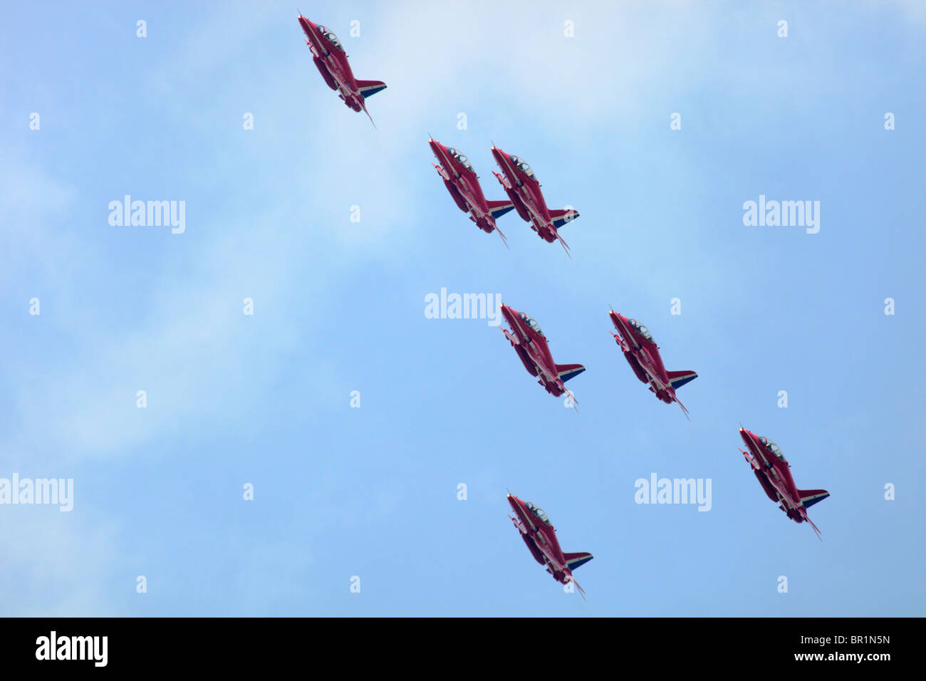 Hawk jets of the RAF Red Arrows display team in formation Stock Photo