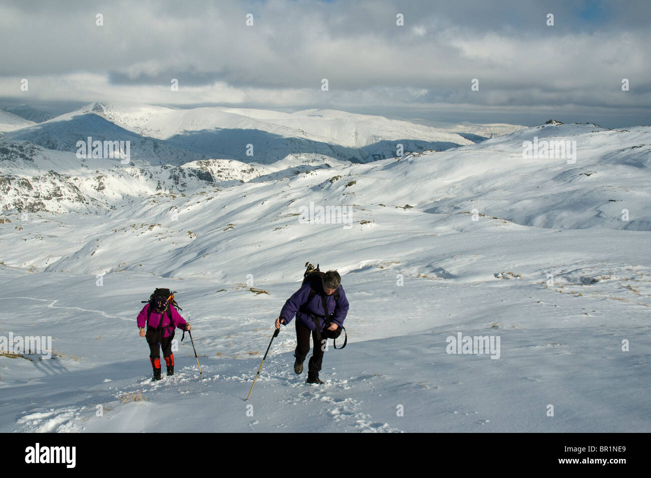 Hill walkers in snow on High Raise in winter, near Grasmere, Lake District, Cumbria, England, UK Stock Photo