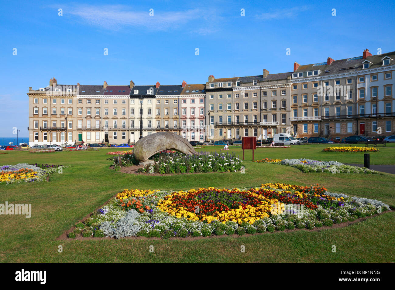 Royal Crescent and floral gardens, Whitby, North Yorkshire, England, UK