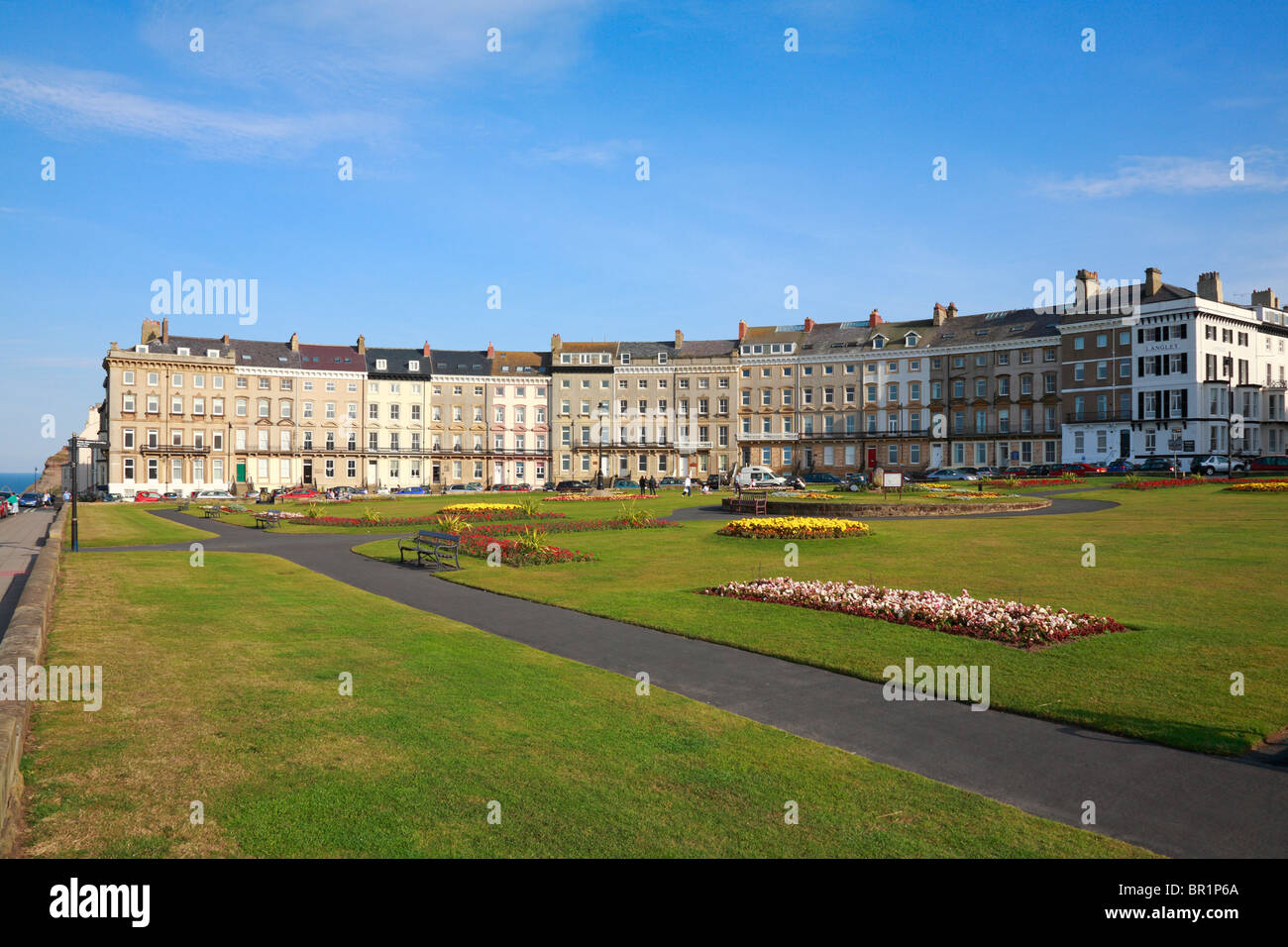 Royal Crescent and floral gardens, Whitby, North Yorkshire, England, UK