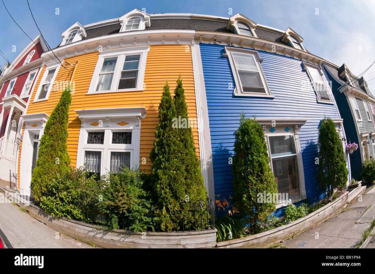 Fish-eye image of colorful jelly bean row houses, Gower Street, St. John's, Newfoundland, Canada Stock Photo