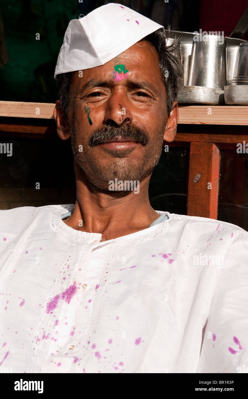 Kumoani man wearing traditional kumoan hat in Almora, Uttaranchal, India Stock Photo