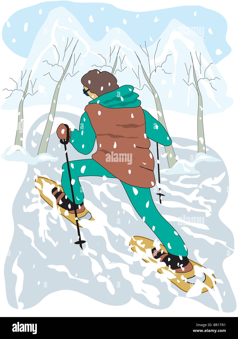An illustration of a man snowshoing Stock Photo