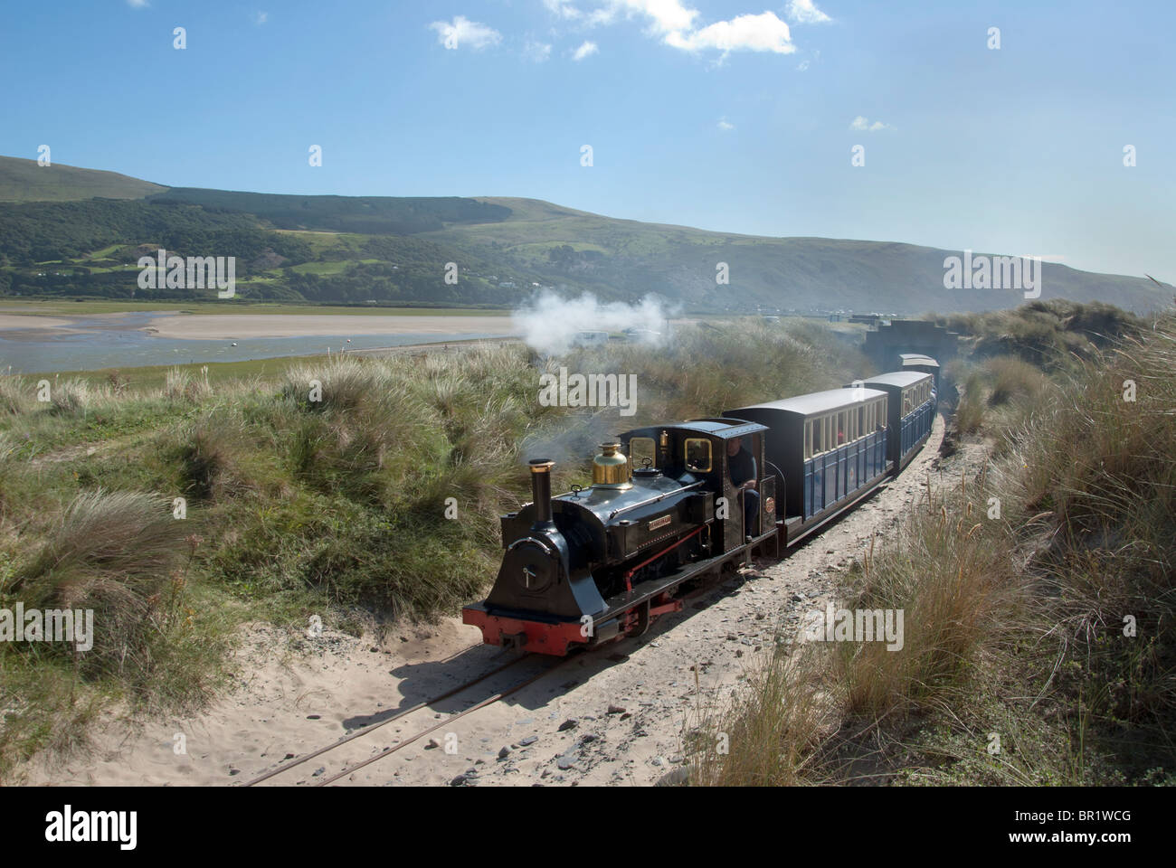 Fairbourne Narrow Gauge railway through the Sand dunes- Locomotive is named Beddgelert Stock Photo