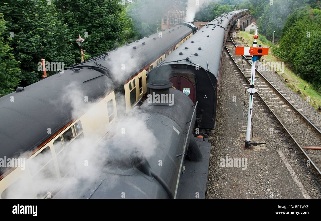 Passing Steam Trains at Bewdley, Severn Valley Railway Stock Photo
