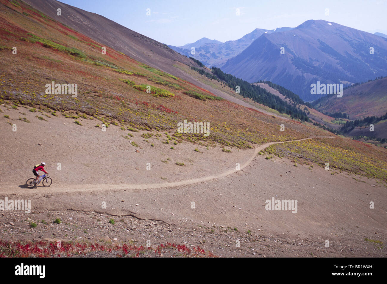 A mountain biker rides a high mountain trail in the Lower Chilchooten Range of British Columbia, Canada Stock Photo