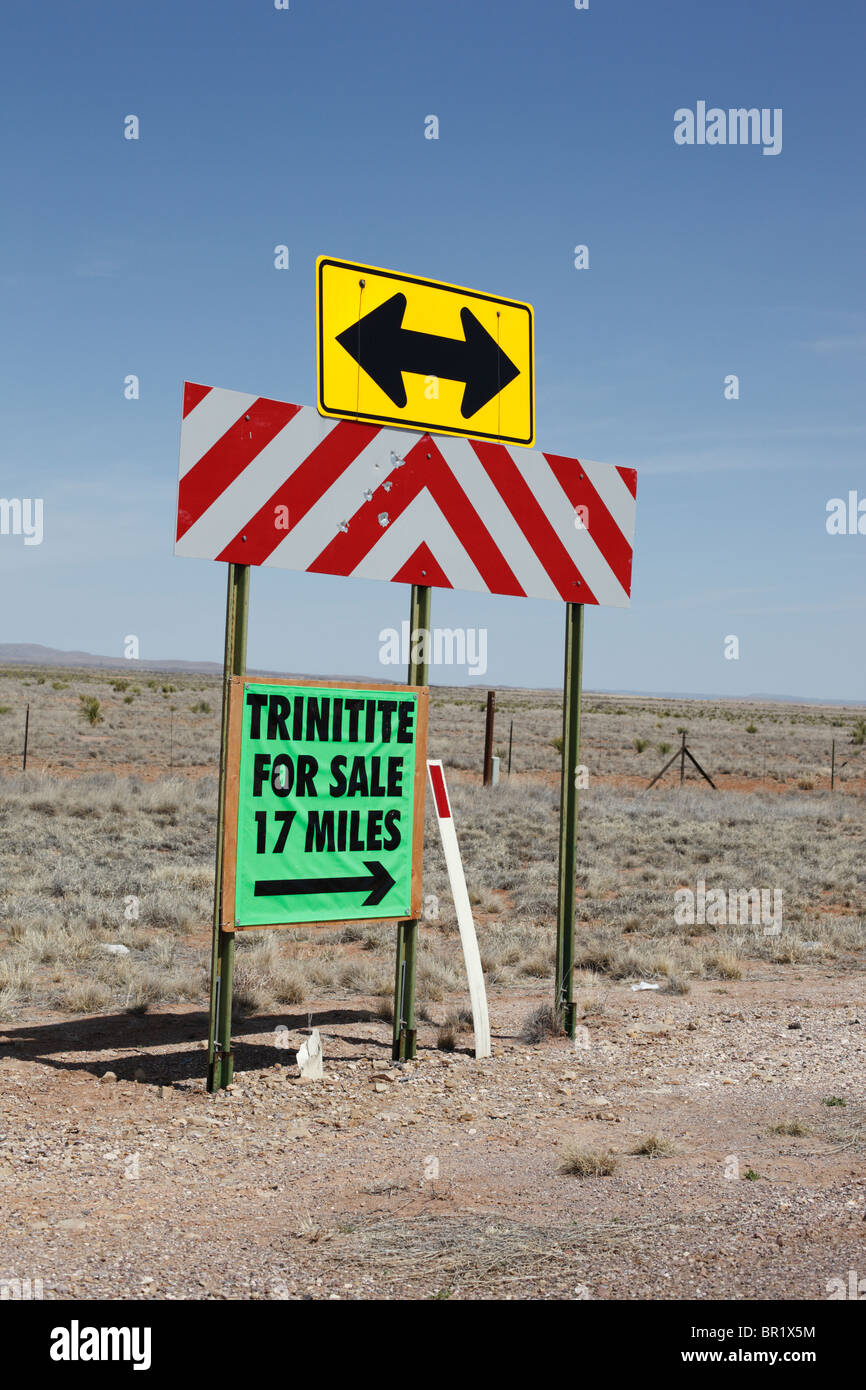 Sign in rural NM near Trinity Site indicating 'Trinitite for Sale' - a glassy material formed from the 1st atom bomb was tested. Stock Photo
