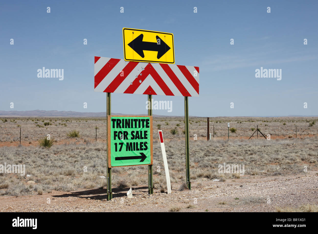 Sign in rural NM near Trinity Site indicating 'Trinitite for Sale' - a glassy material formed from the 1st atom bomb was tested. Stock Photo
