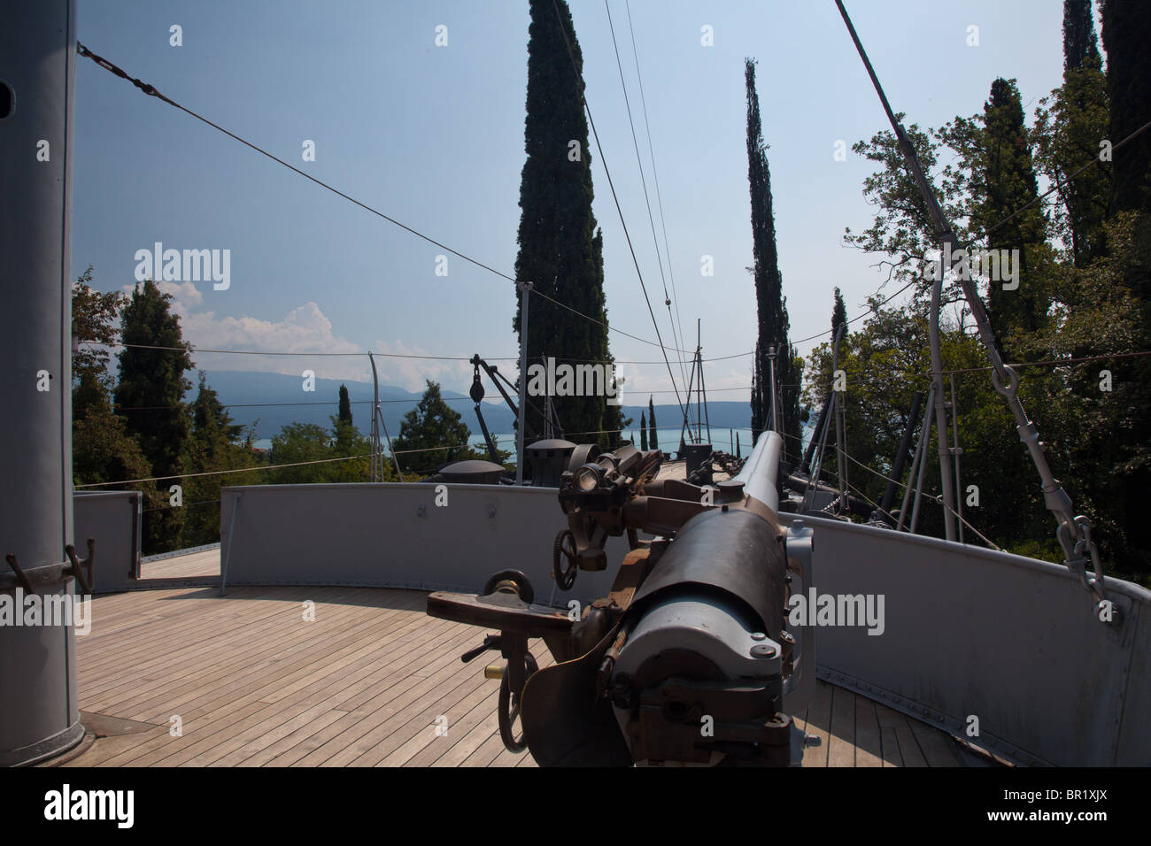 Gun deck on the Puglia warship that is installed in the mountainside on Lake Garda Stock Photo