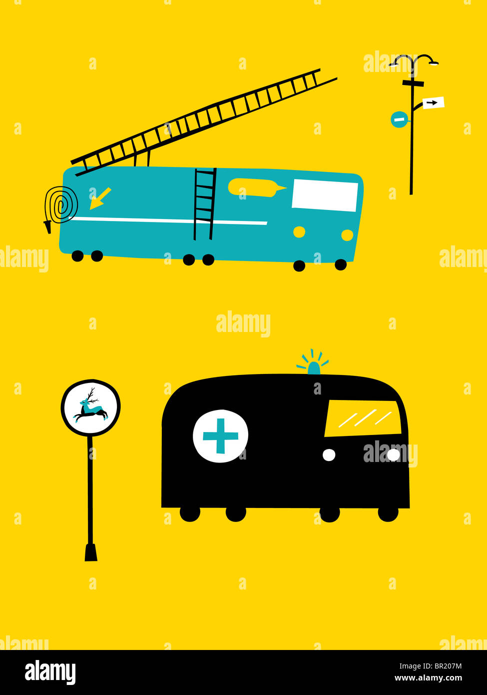 A fire engine and an ambulance and road sign Stock Photo - Alamy