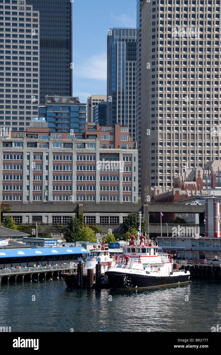 Fire boats moored at dock on waterfront, Seattle, Washington Stock Photo
