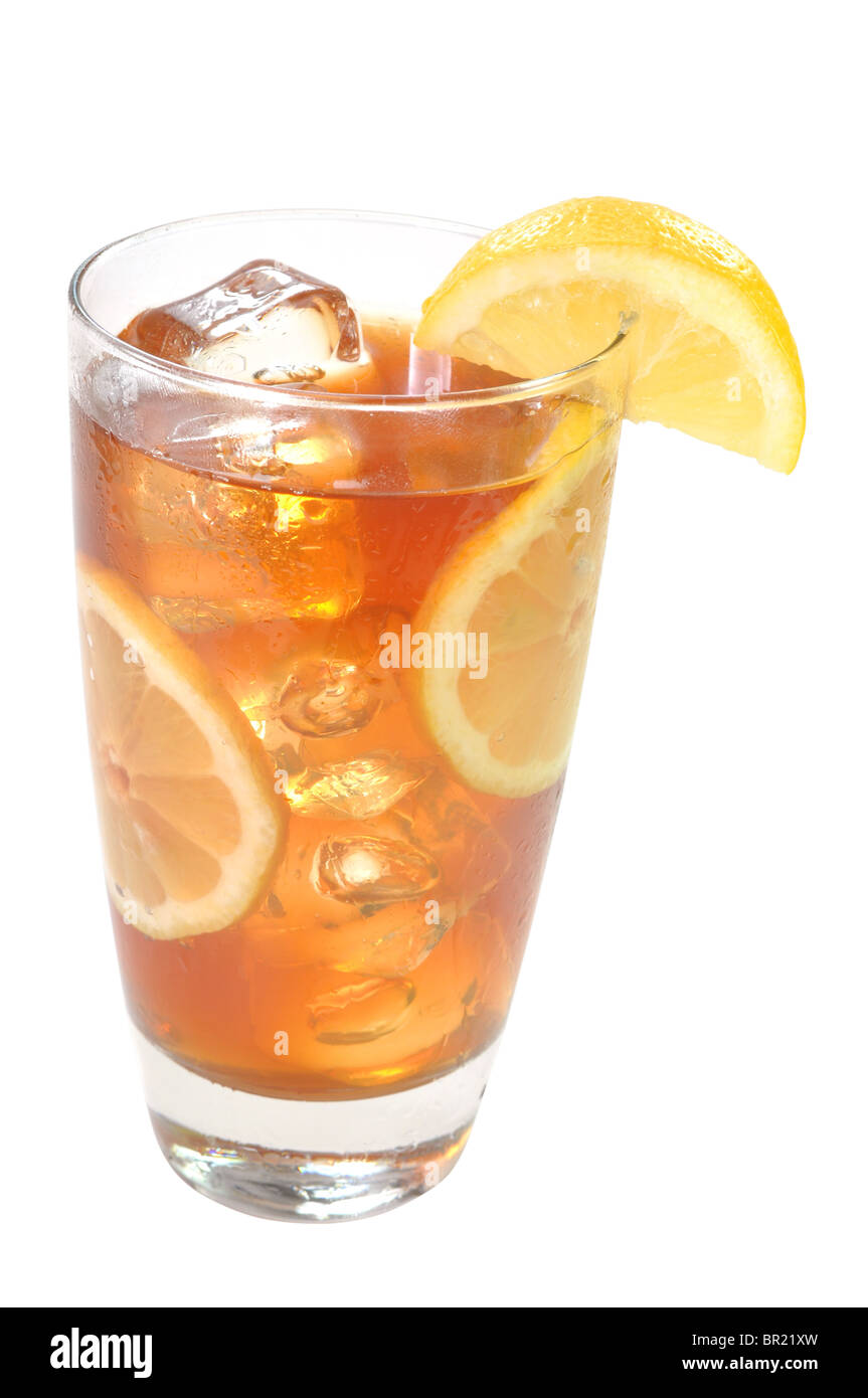 Glass of iced tea with lemons. Isolated on white background with clipping path. Stock Photo