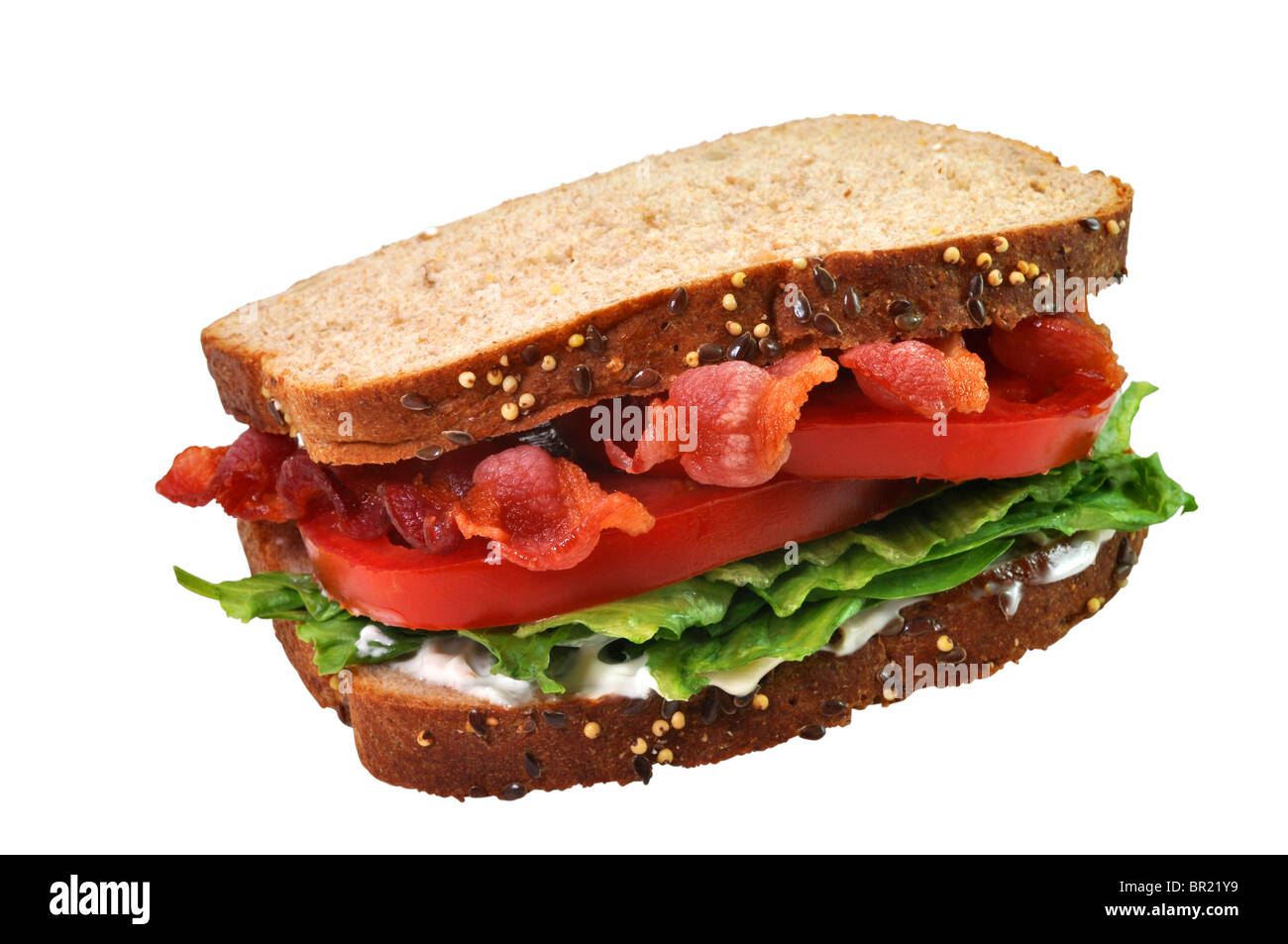 Bacon, lettuce, and tomato sandwich. Isolated on white background with clipping path. Stock Photo