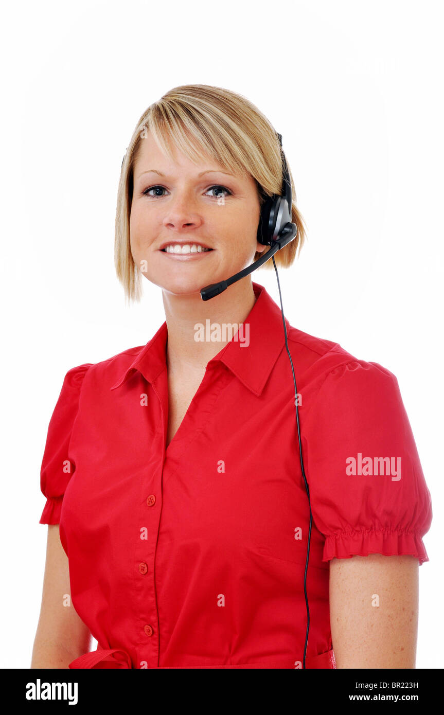 Blond female customer service representative with headset isolated on white background. Stock Photo