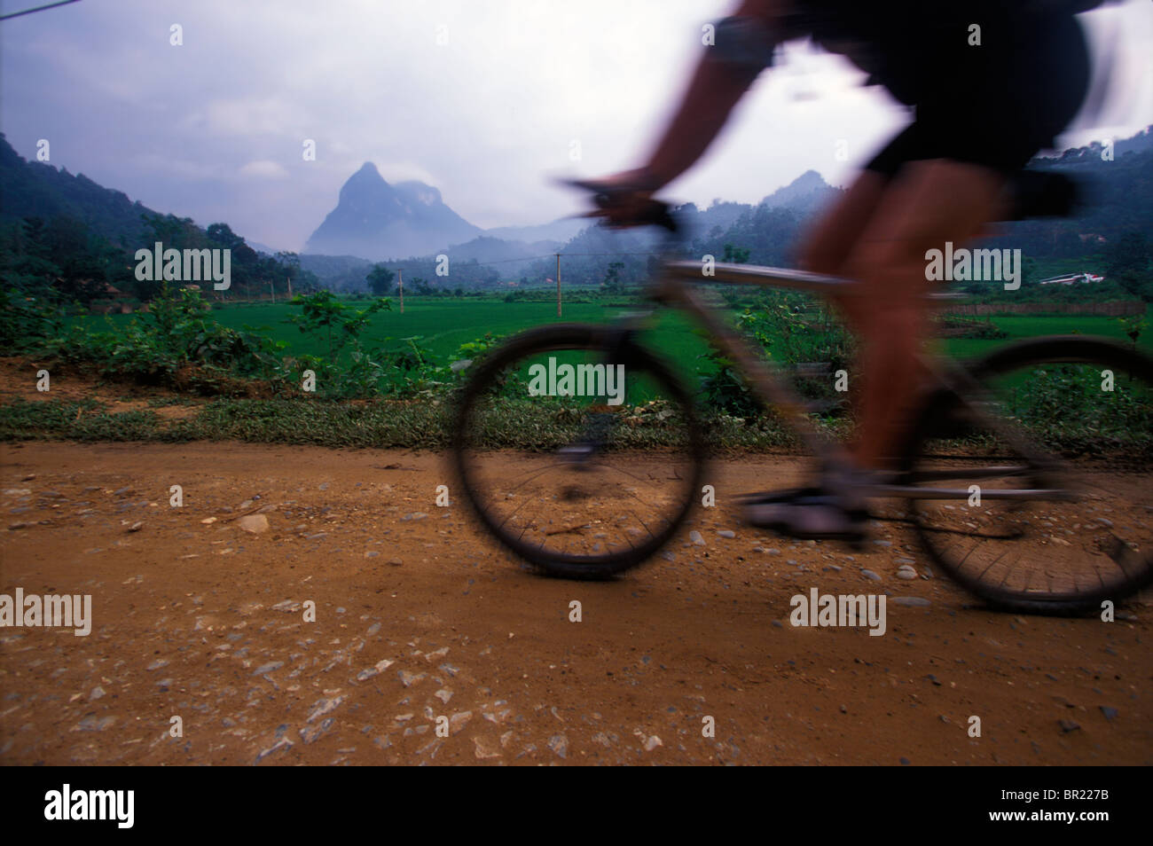 A mountain biker rides by during an adventure race in norther Vietnam (Motion Blur). Stock Photo