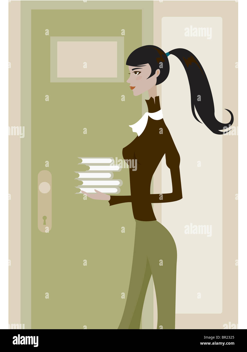 Side view of a woman carrying a stack of books Stock Photo - Alamy
