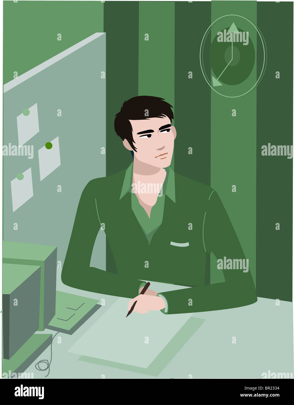 Man working in cubicle, checking time on wall clock Stock Photo Alamy