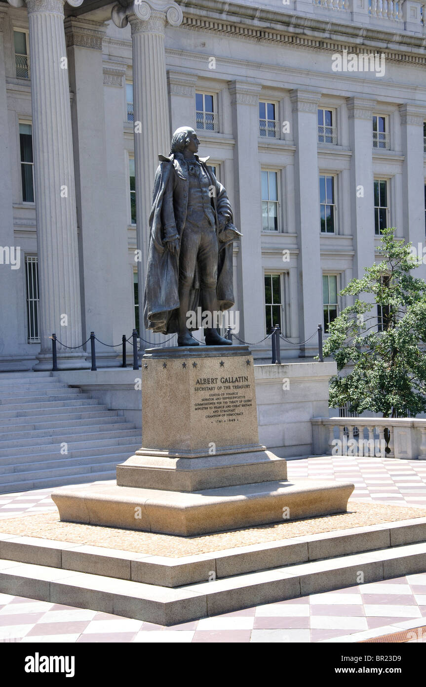 Albert Gallatin statue in front of the United States Treasury Building in Washington DC, USA