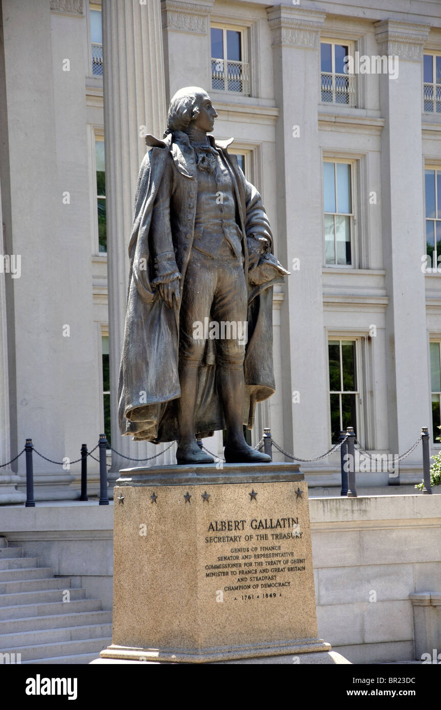 Albert Gallatin statue in front of the United States Treasury Building in Washington DC, USA