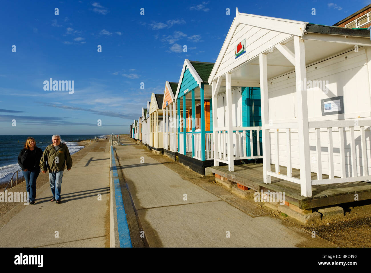 Walking along the promenade at Southwold, Suffolk - England Stock Photo