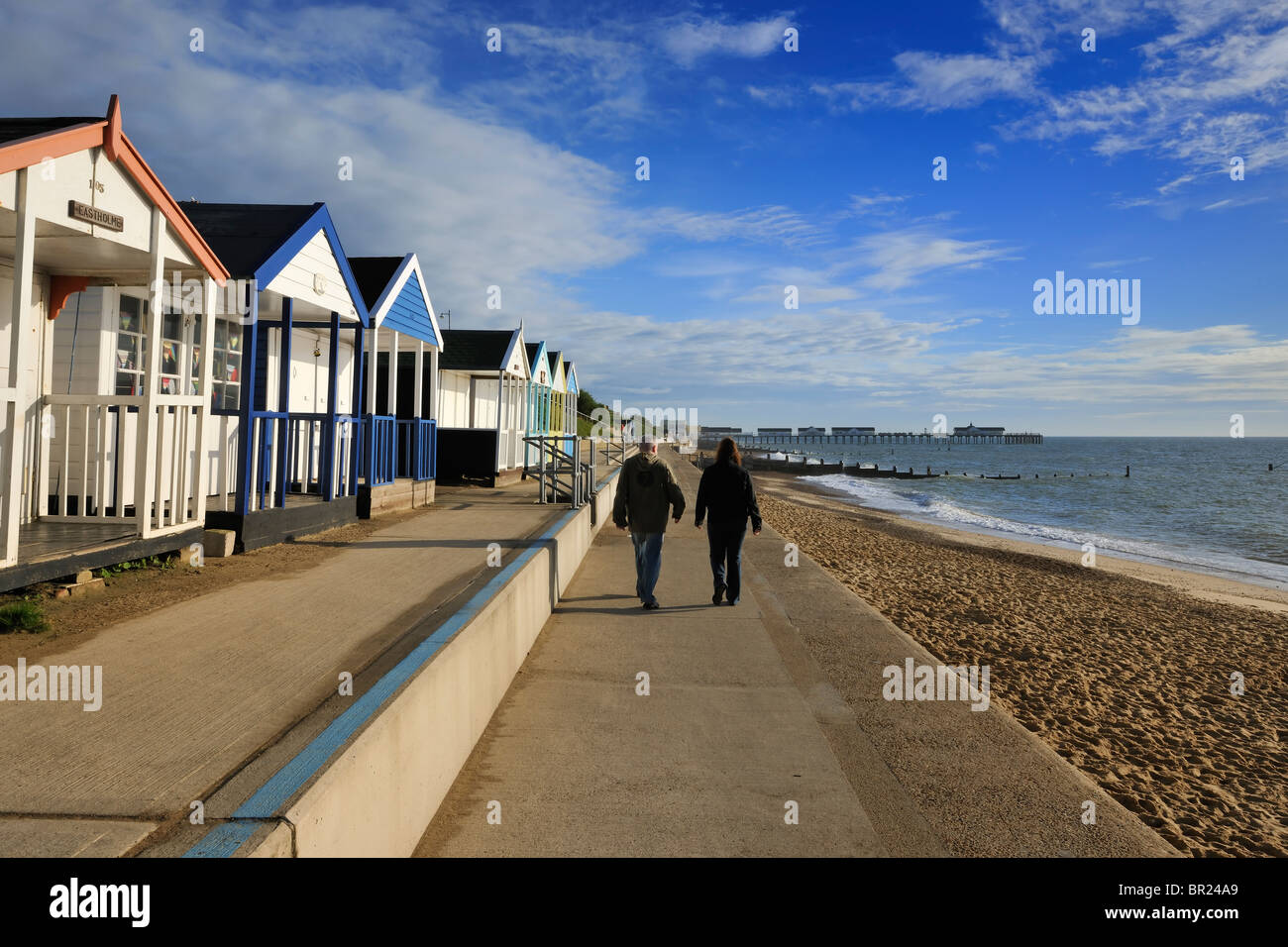 Walking along the promenade at Southwold, Suffolk - England Stock Photo