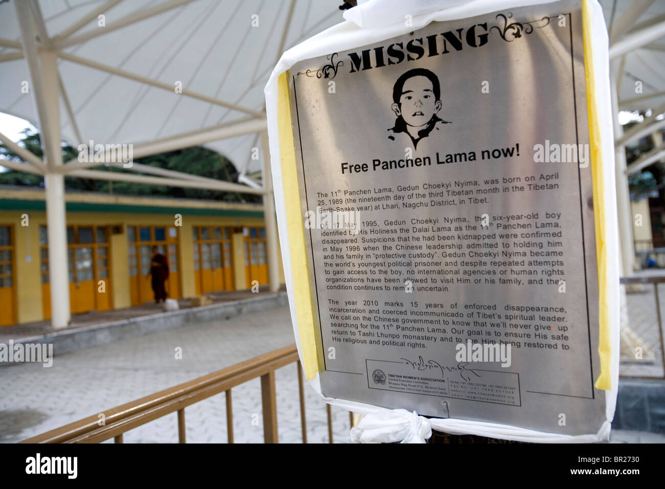 A plaque for the disappearance of 11th Panchen Lama a child kidnapped by the Chinese government, Dharamsala, India. Stock Photo