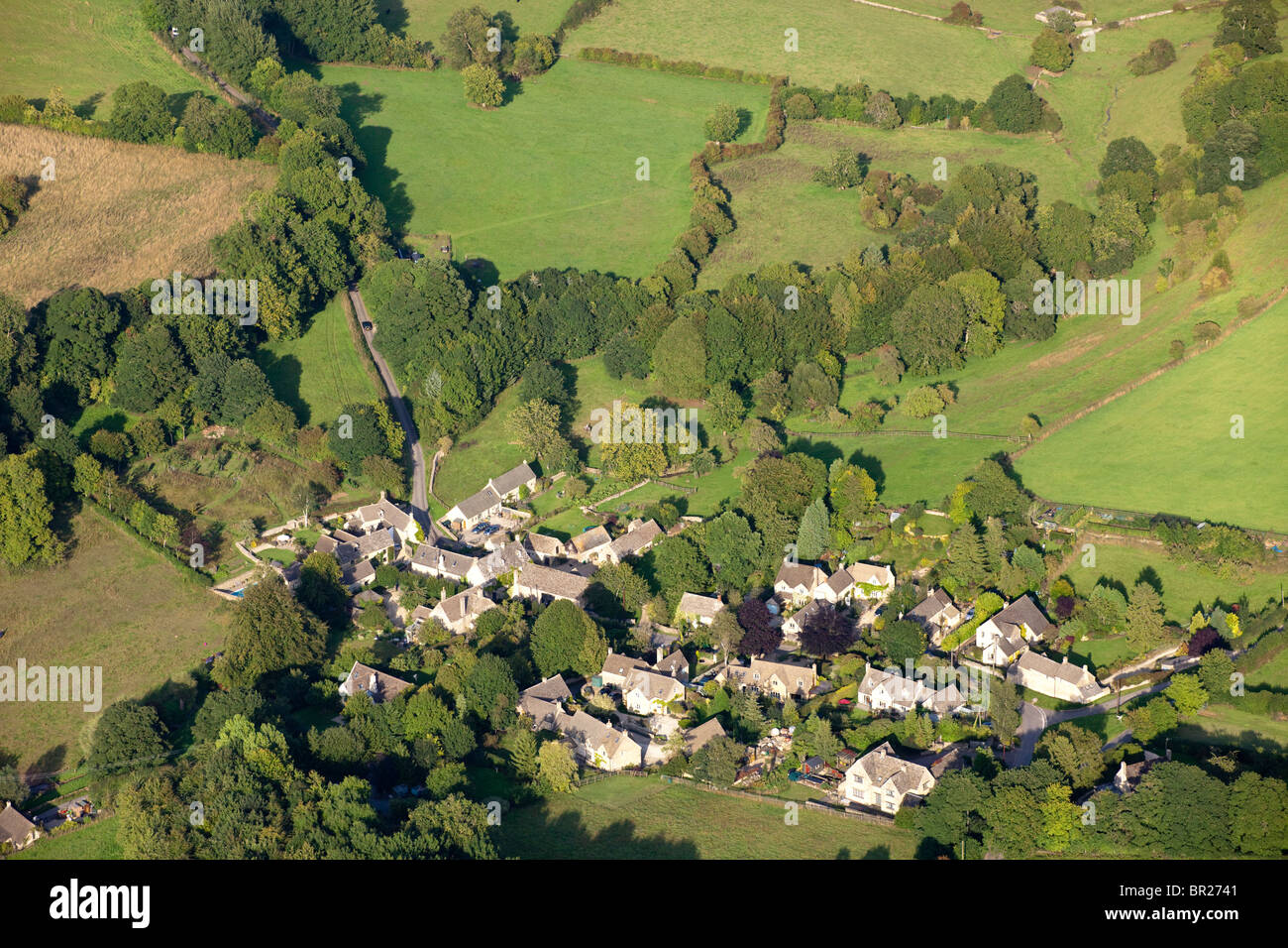 An aerial view of the Cotswold village of Duntisbourne Leer, Gloucestershire from the west. Stock Photo