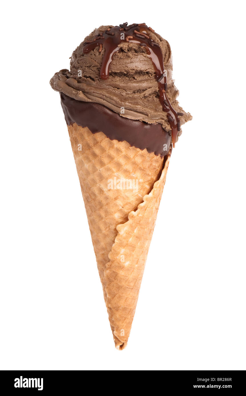 Chocolate ice cream cone isolated on white background Stock Photo