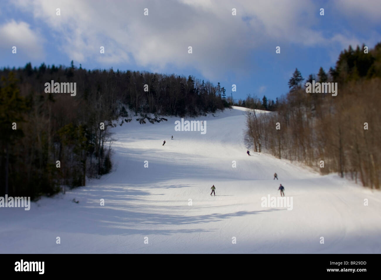 Skiers descend a groomed trail in Newry, Maine. Stock Photo
