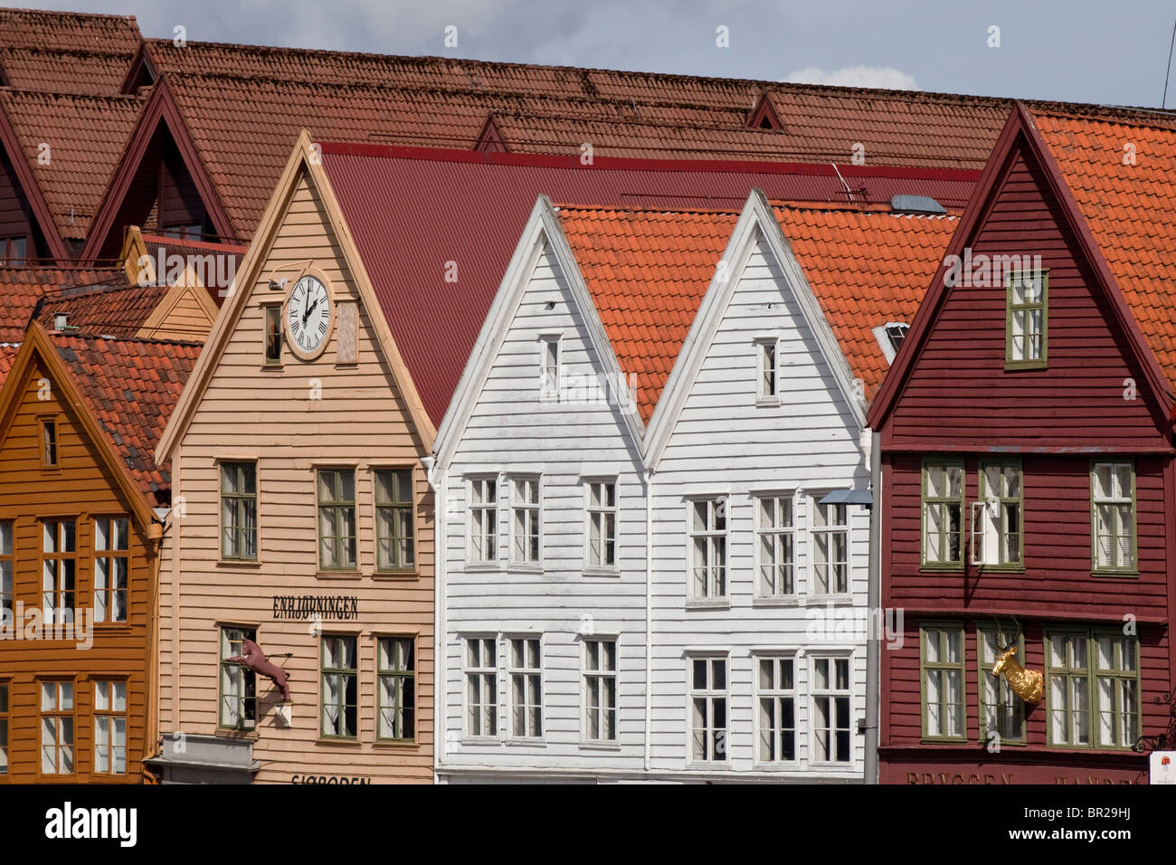 Bryggen wooden boarded offices sheds warehouses, Bergen, Norway Stock Photo