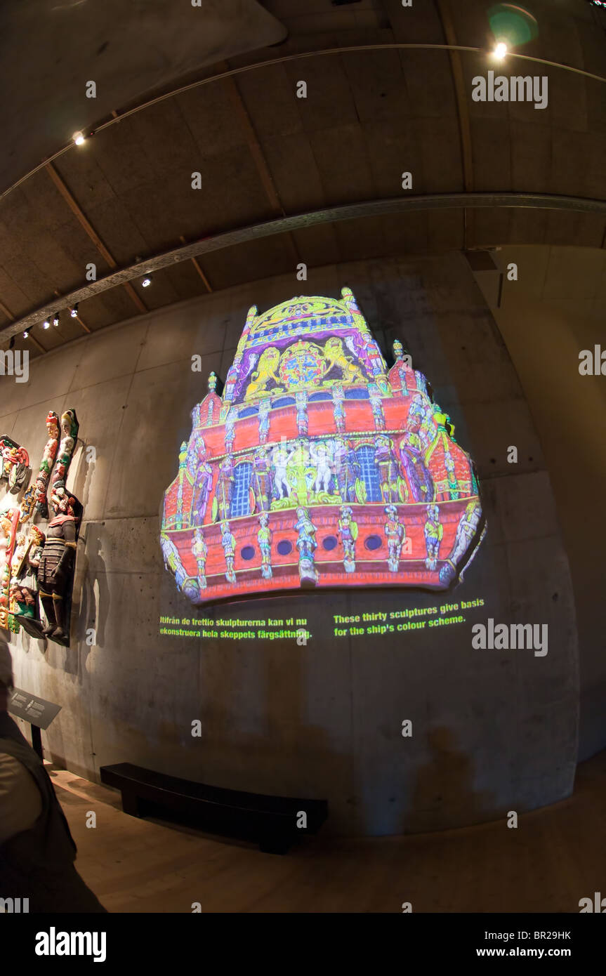A projected illustration of the painted rear of the Vasa Swedish Warship in the Vasamuseet (Vasa Museum) in Stockholm, Sweden. Stock Photo