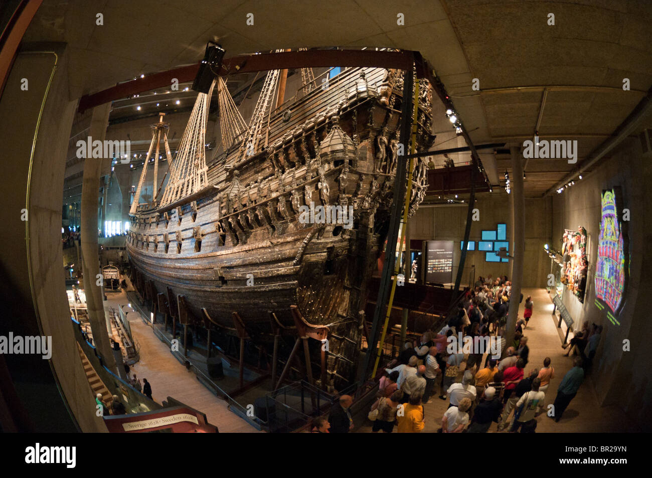 A fisheye photograph of the Vasa Swedish Warship in the Vasamuseet (Vasa Museum) in Stockholm, Sweden. Stock Photo