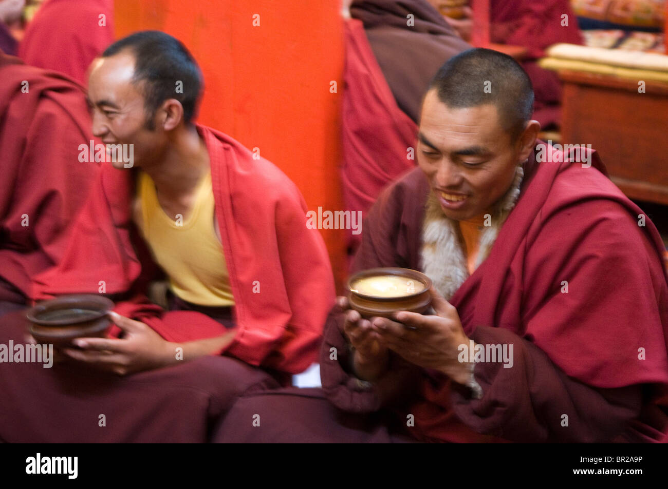 Tibetan Buddhist monks are served meal during morning prayers, Juli