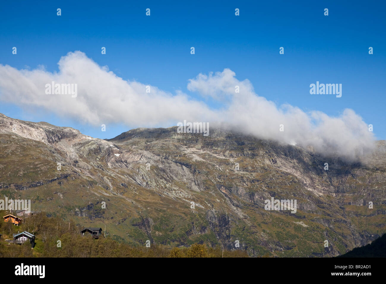 Mountain valley landscape view from the Flåm famous tourist railway line in Norway. Stock Photo
