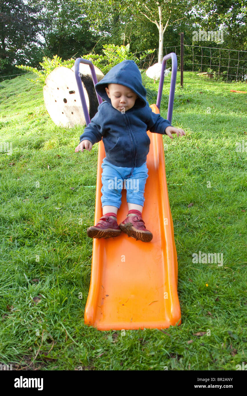 Young Boy 18 Month Old Toddler On A Slide Hampshire England United