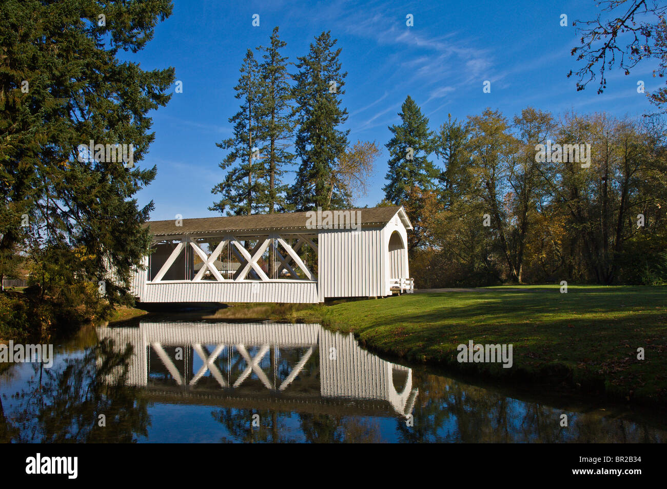 Jordan Covered Bridge in Pioneer Park, Stayton, Oregon, USA Stock Photo