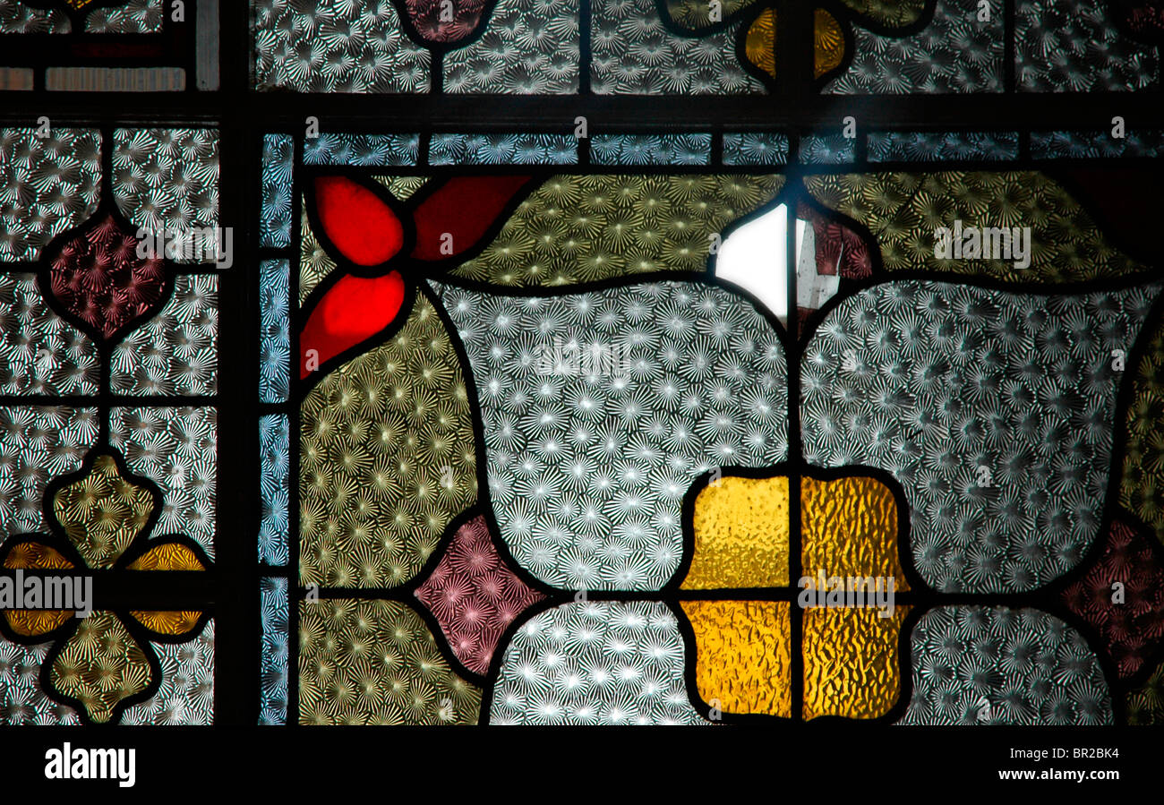 Detail of a stained glass window with a missing pane Stock Photo Alamy