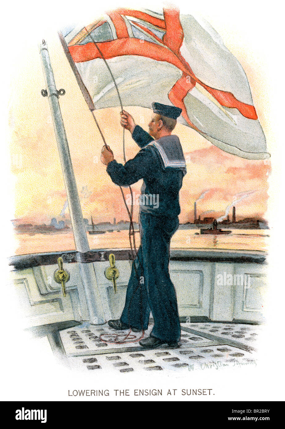A late Victorian era sailor in the British Royal Navy lowers the ensign at the end of the day. (Symons 99) Stock Photo