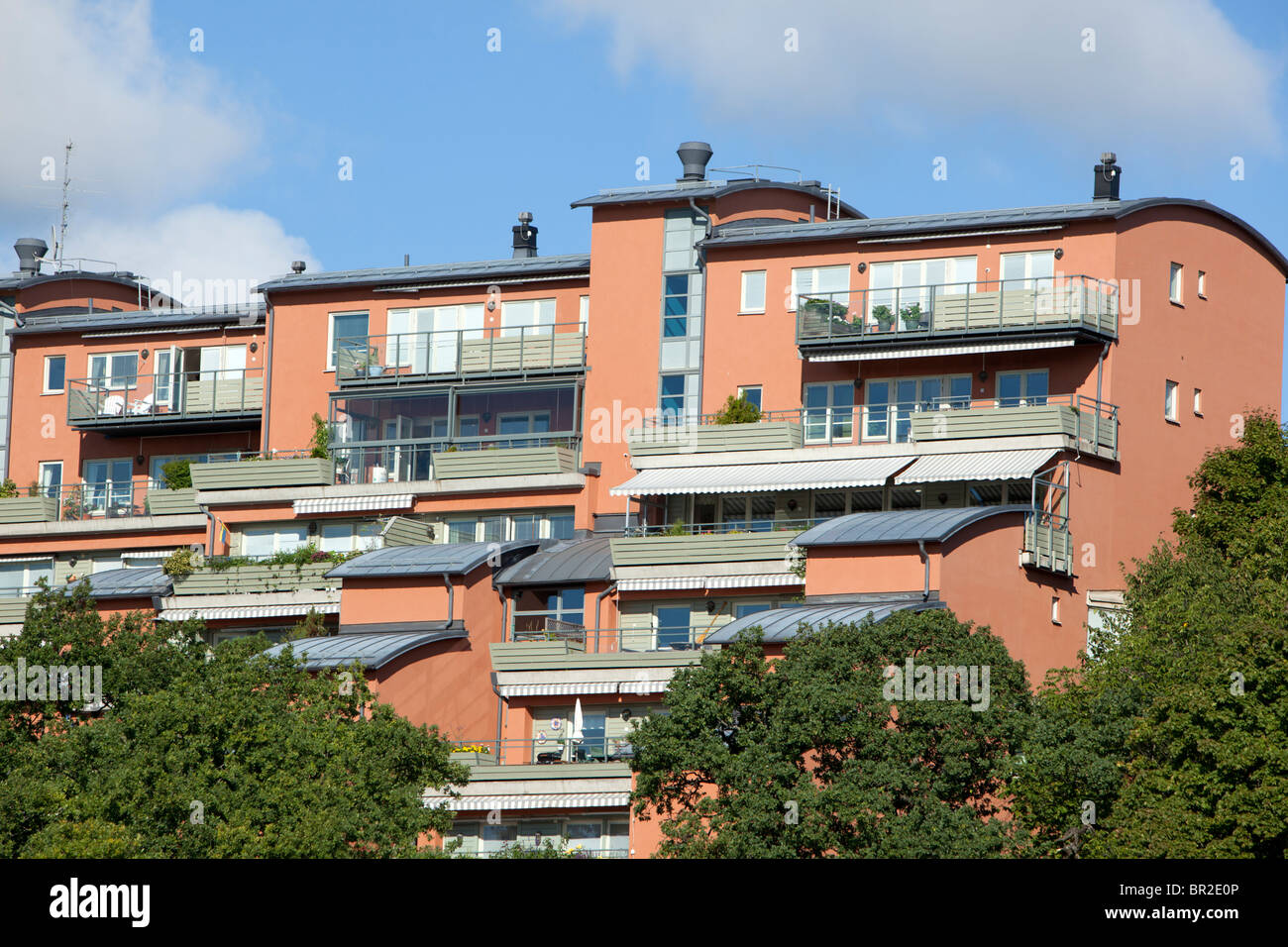 Neat apartment houses in the suburbs of Stockholm in summer Stock Photo