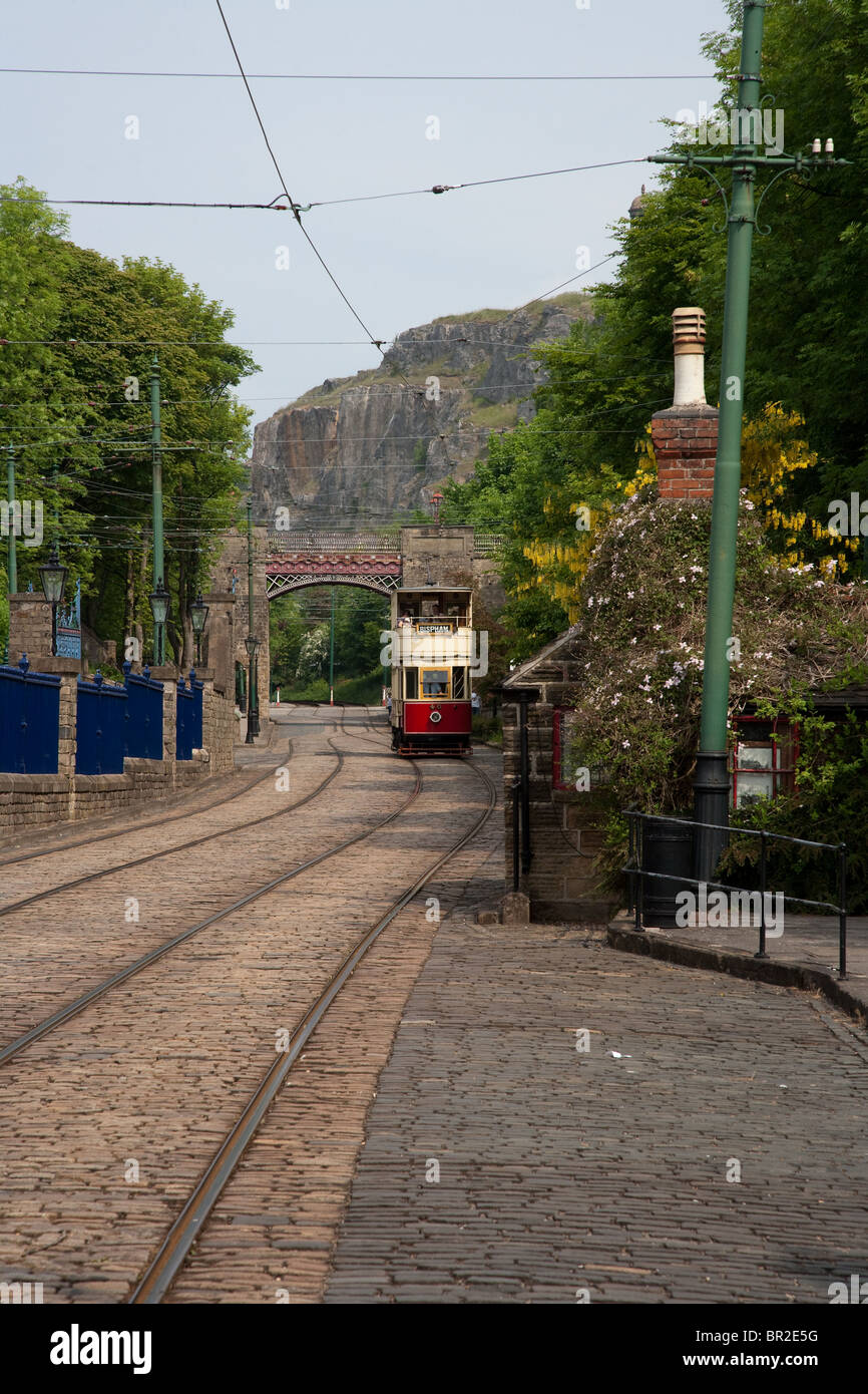 Trams at the National Tramway Museum Crich Tramway Village, nr Matlock, Derbyshire Stock Photo