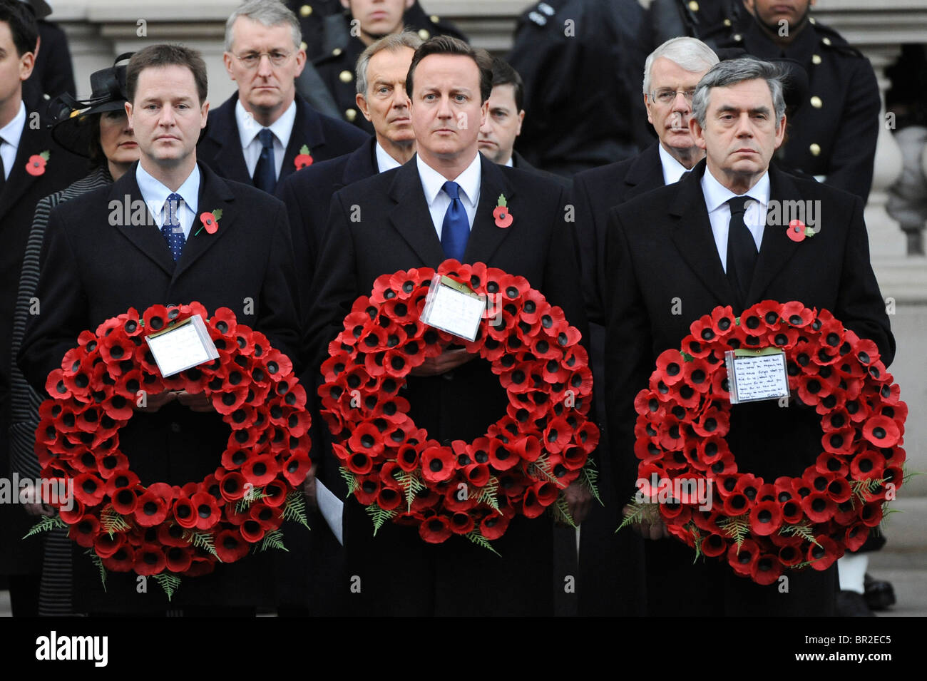Nick Clegg MP, Tony Blair, David Cameron MP, John Major and PM Gordon Brown attend the Remembrance Sunday. Stock Photo