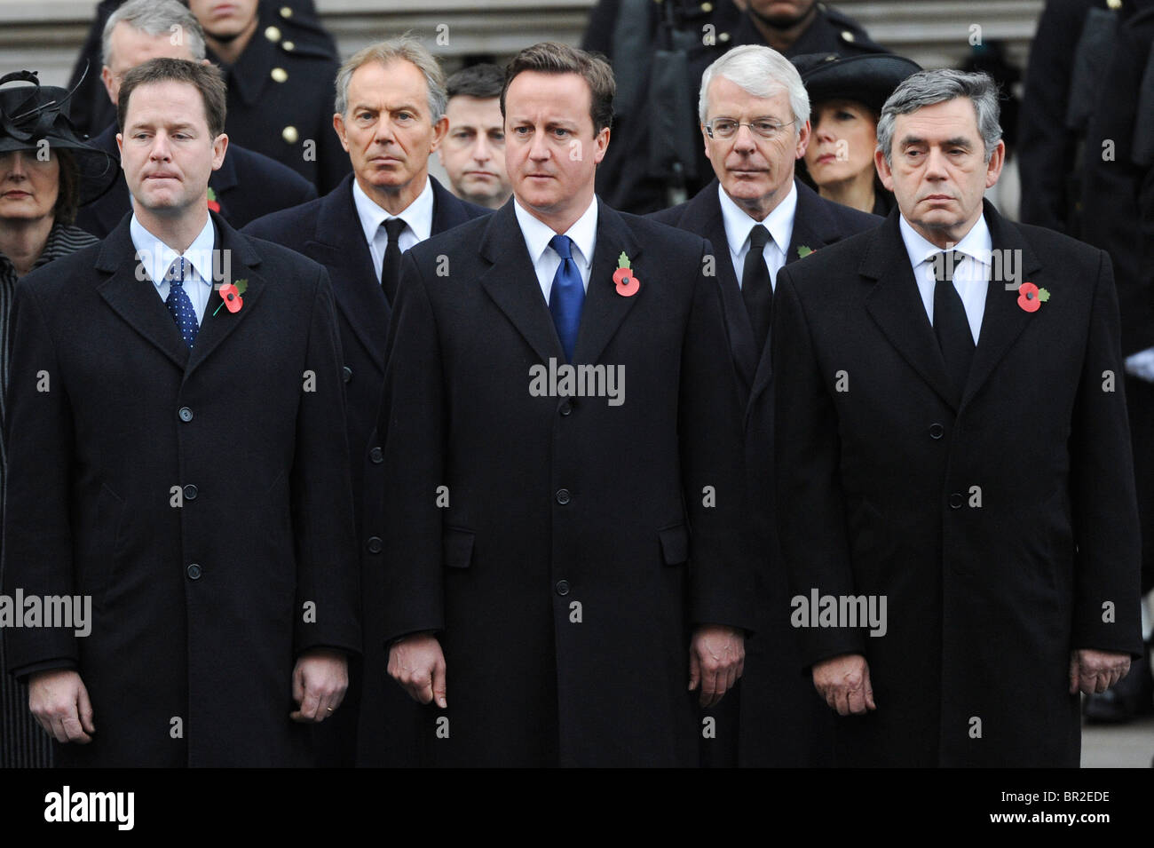 Nick Clegg MP, Tony Blair, David Cameron MP, John Major and PM Gordon Brown attend the Remembrance Sunday. Stock Photo