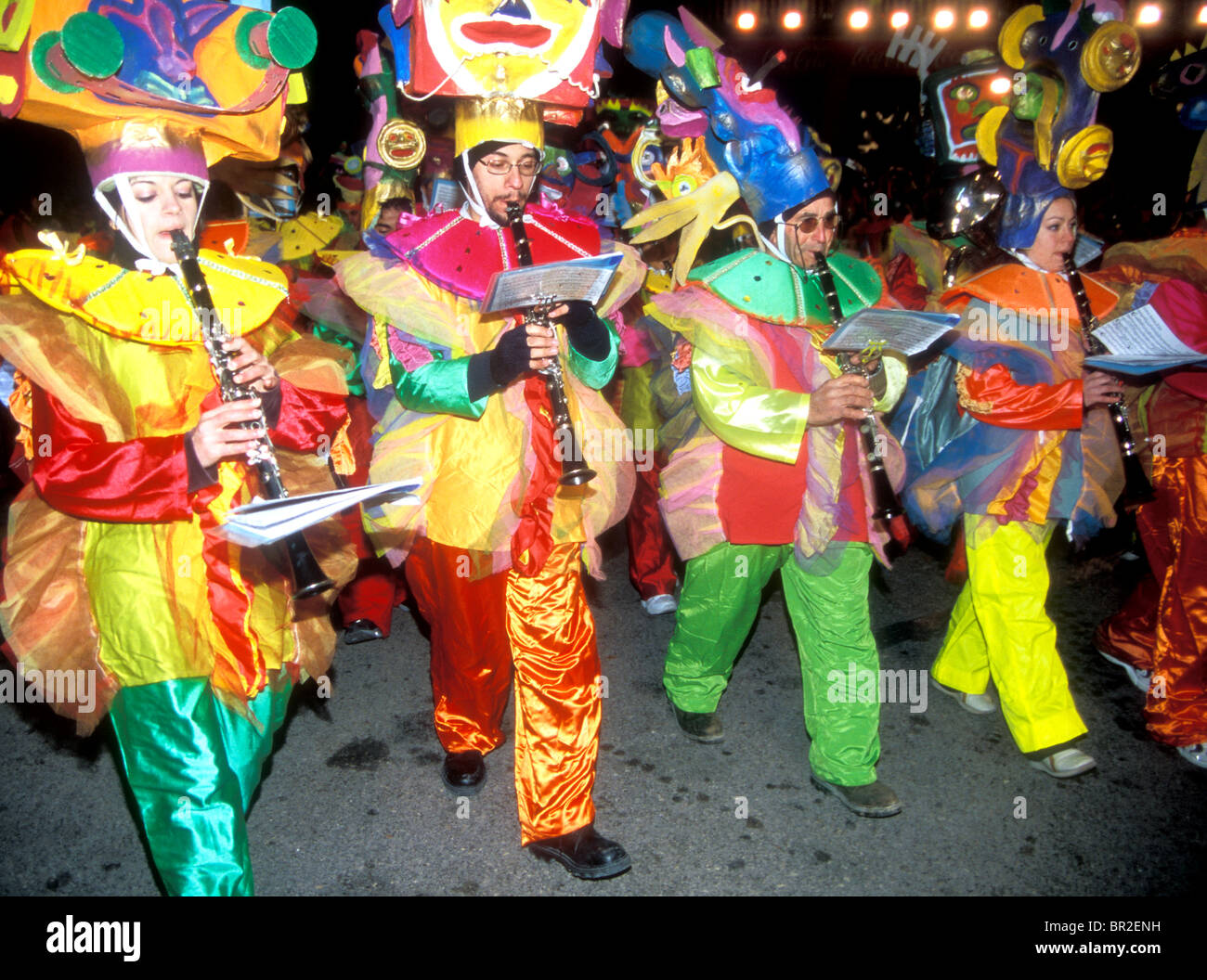Musicians in fancy dress costume marching in the carnival procession in Valletta Malta Stock Photo