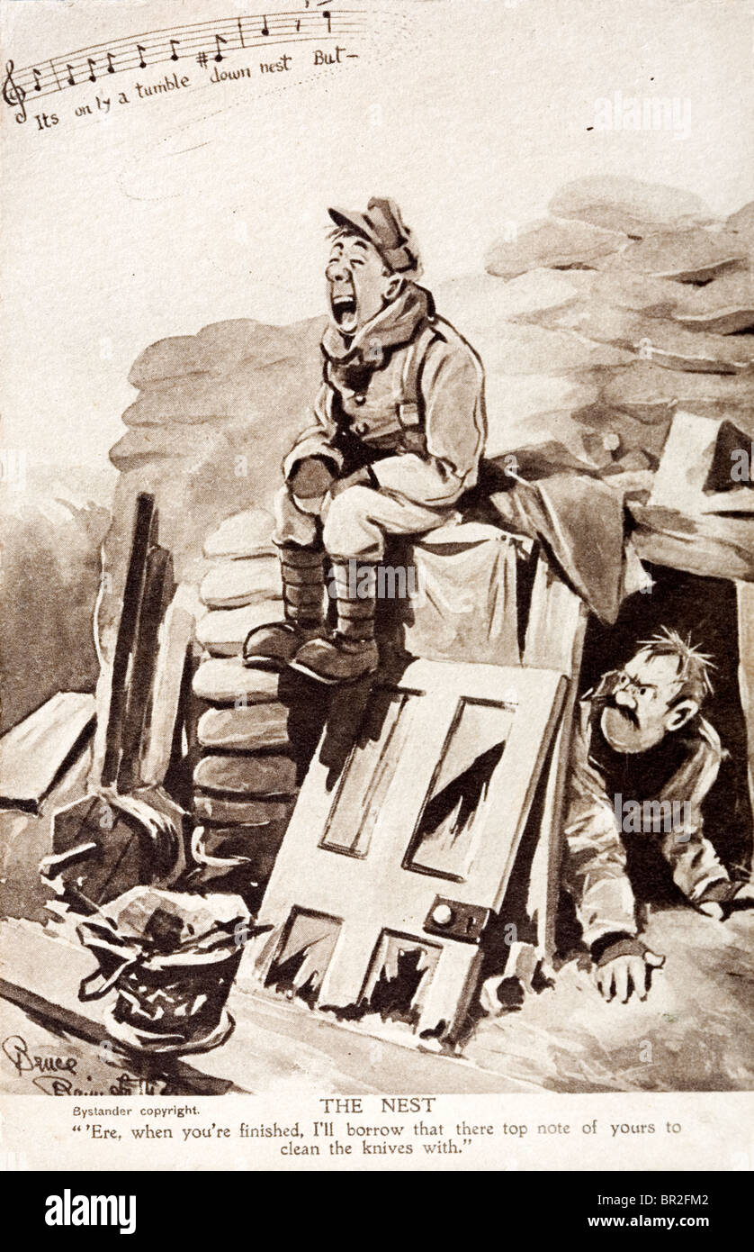 British First World War humorous postcard showing a singing soldier on a dugout and an annoyed colleague. Stock Photo