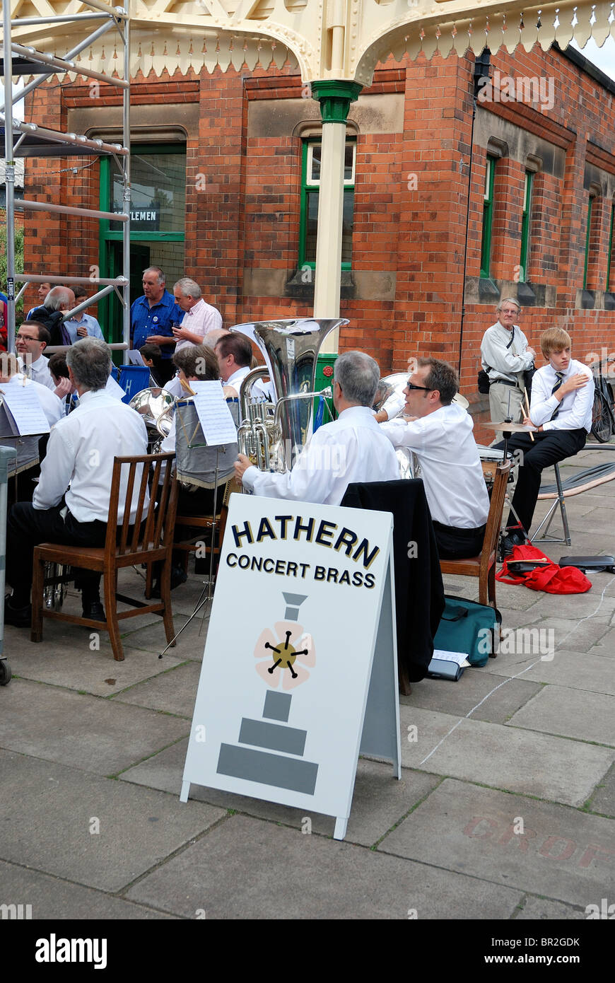Hathern concert brass playing at a birthday celebration on the great central railway station loughborough Stock Photo