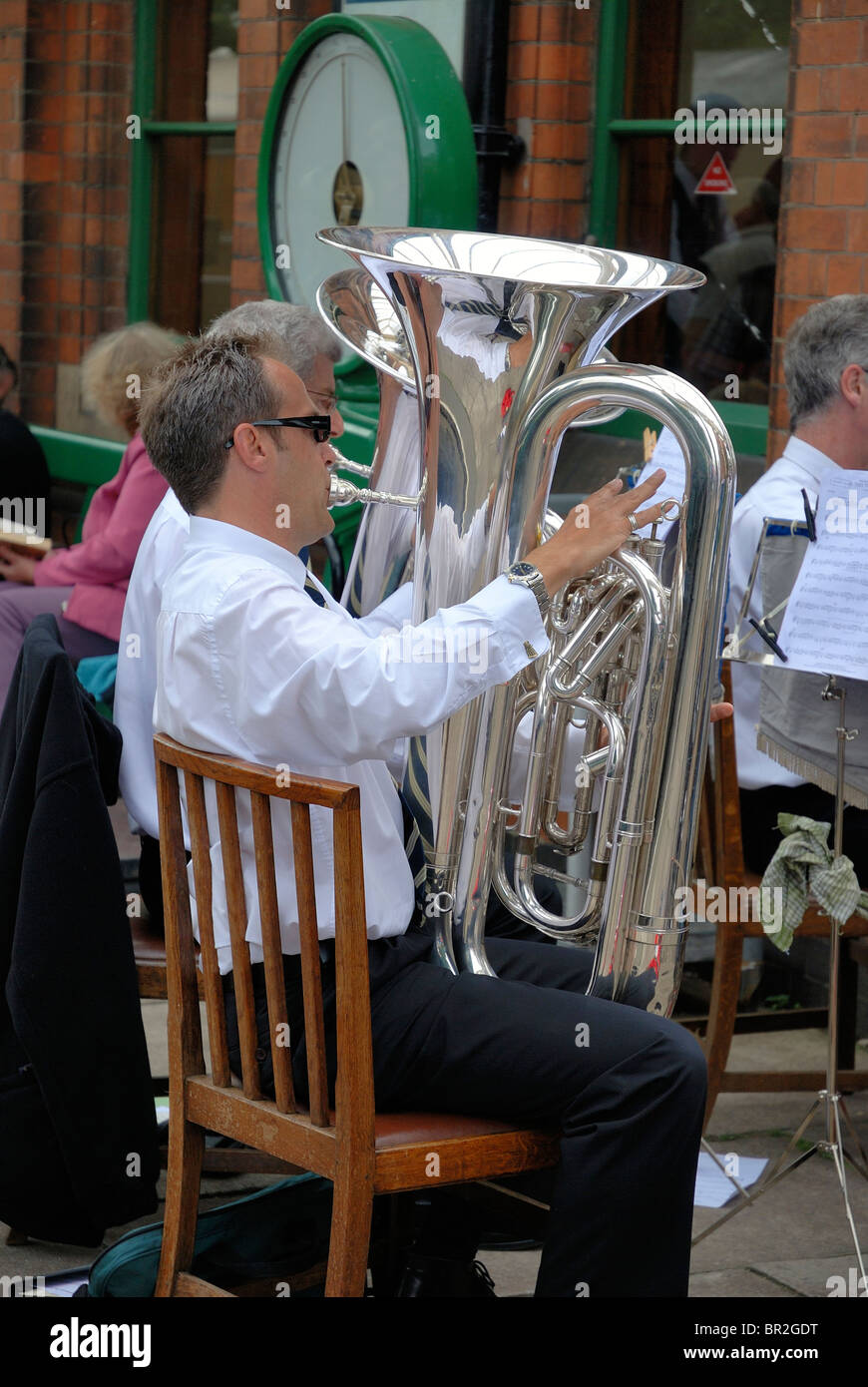Hathern concert brass playing at a birthday celebration on the great central railway station loughborough Stock Photo