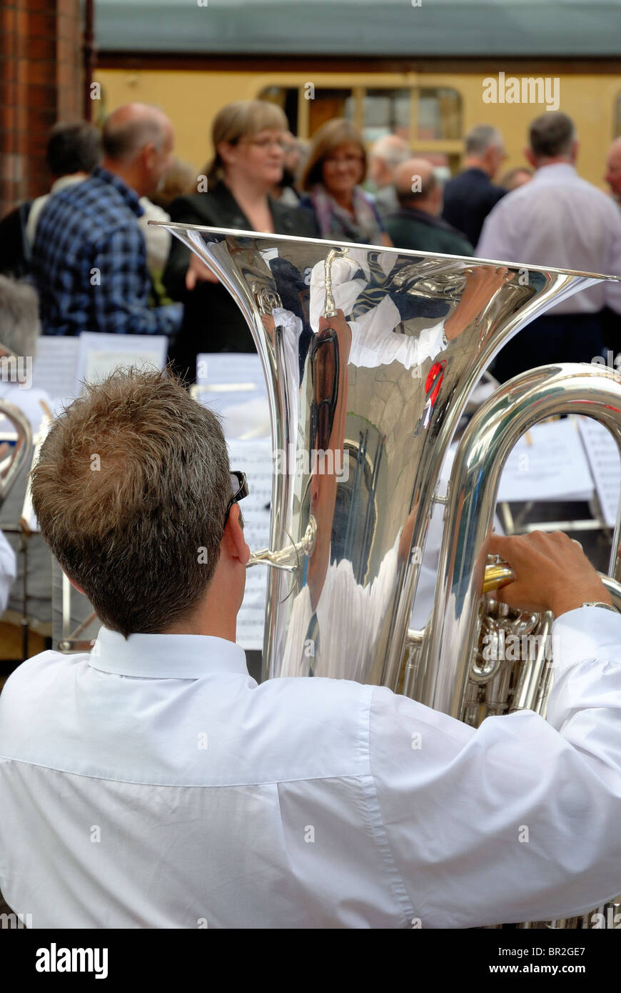 Hathern concert brass playing at a birthday celebration on the great central railway station loughborough Stock Photo