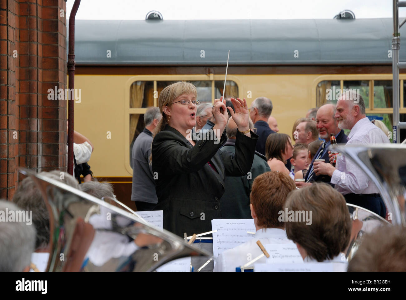 Hathern concert brass playing at a birthday celebration on the great central railway station loughborough Stock Photo