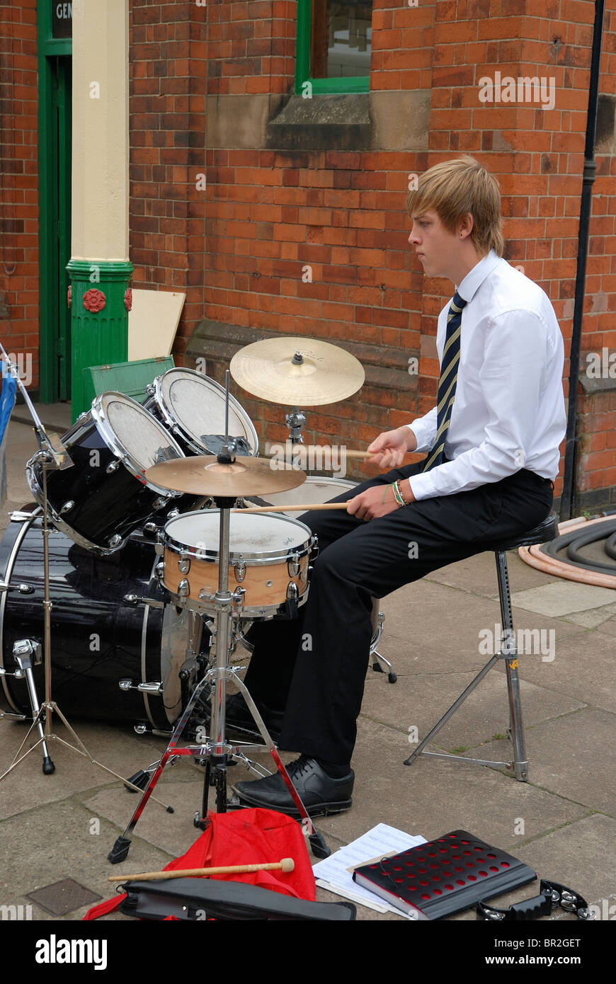 Hathern concert brass playing at a birthday celebration on the great central railway station loughborough Stock Photo